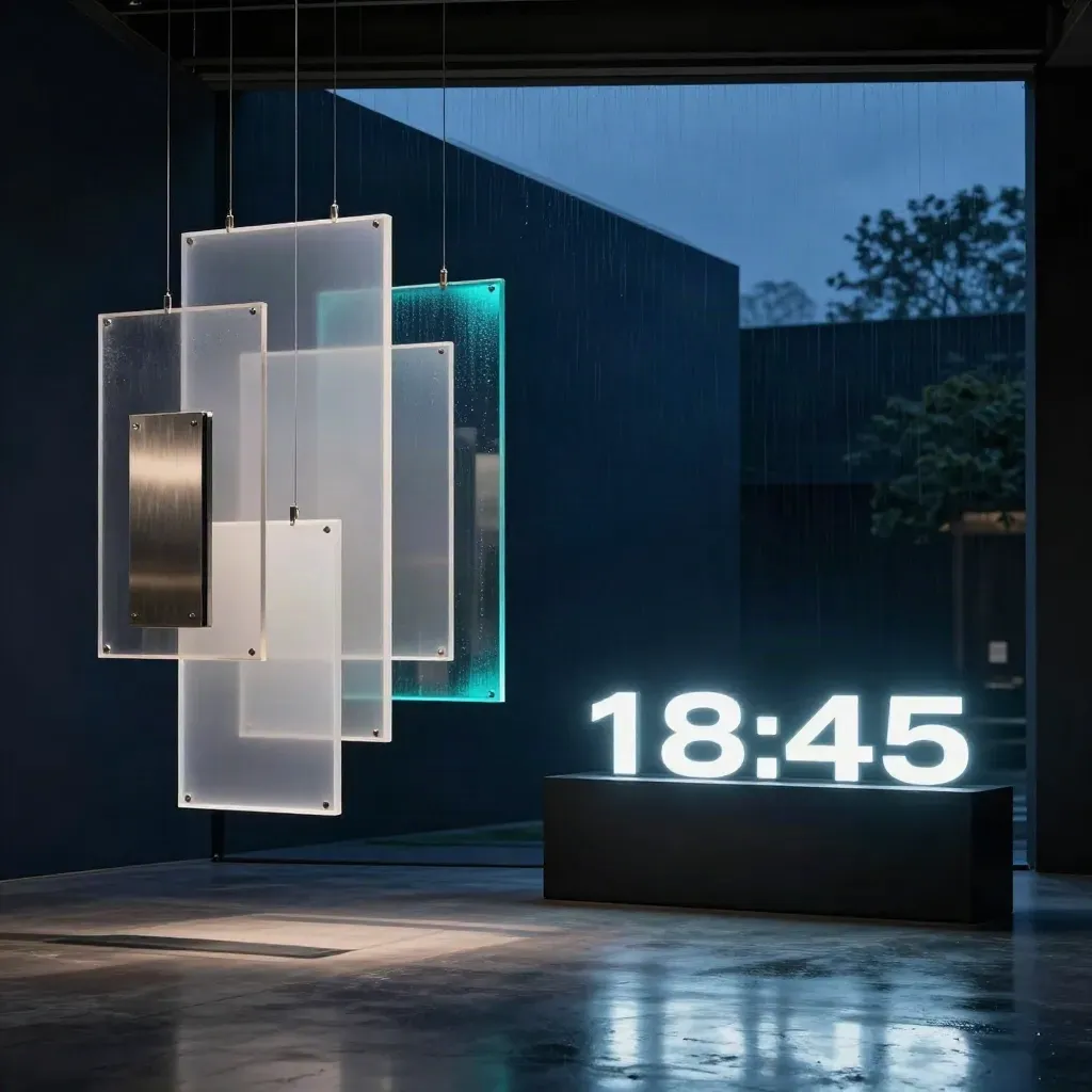 Dark motion design studio installation with frosted acrylic frames glowing cyan in blue hour haze.
