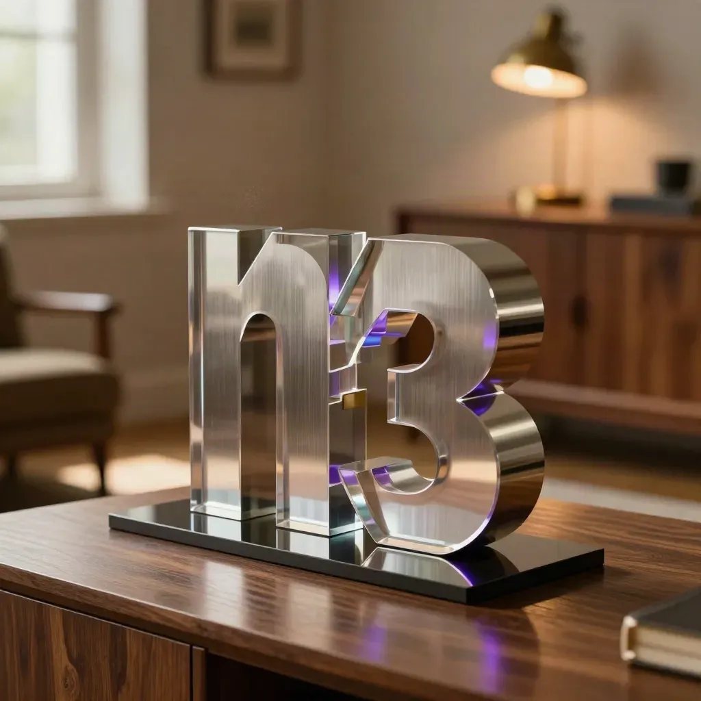 Aluminium and acrylic logo sculpture locking into a reveal on a dark pedestal.
