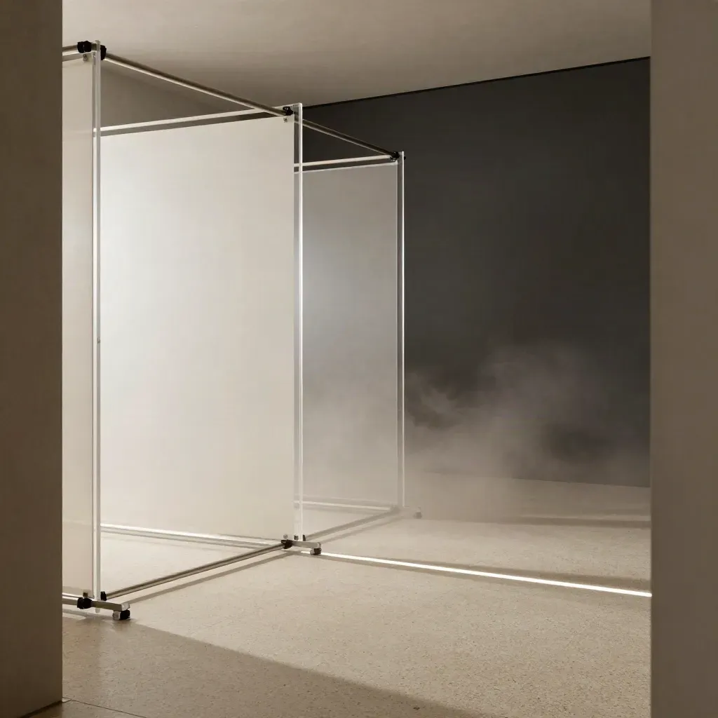 Translucent scrims and acrylic frames lit by a narrow beam in a misty studio