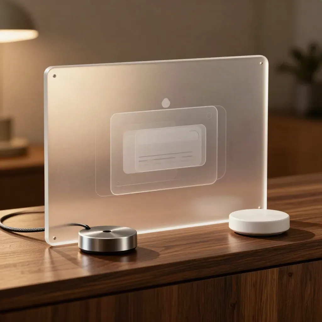 Macro of a frosted demo scrim, headset dock, and glowing interface forms in a warm sales bay