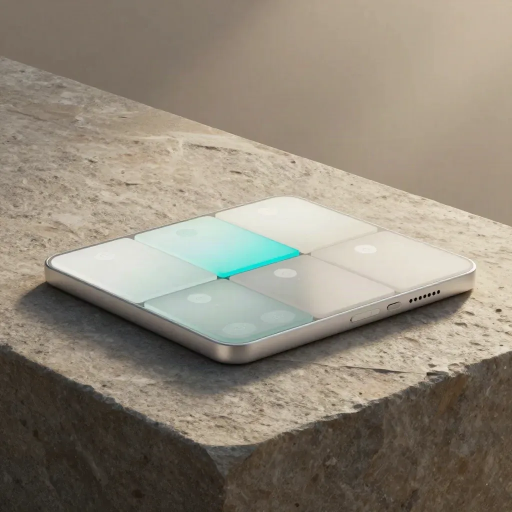 Glass UI prototype with cyan state tiles and a white device shell on stone, seen from above.