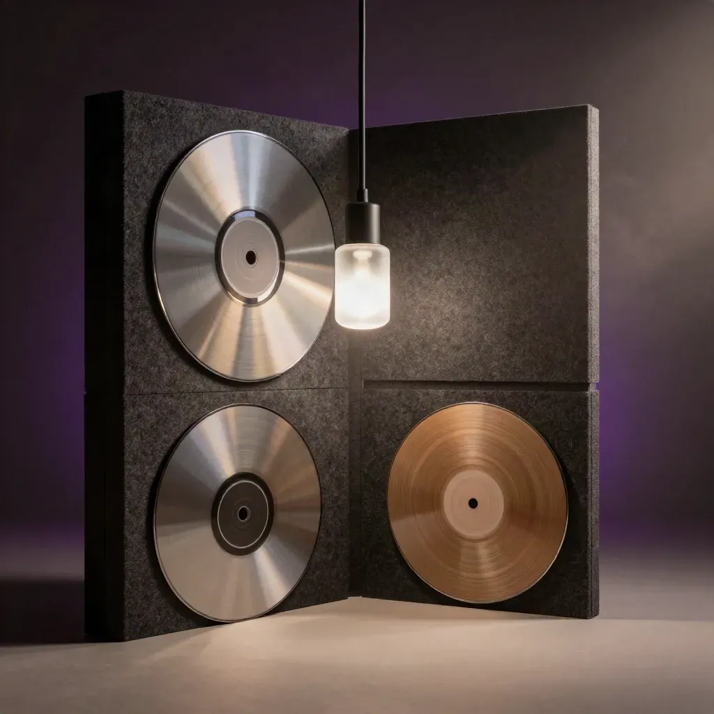 Empty studio corner with layered soundwave discs, acoustic panels, and a suspended cue light.