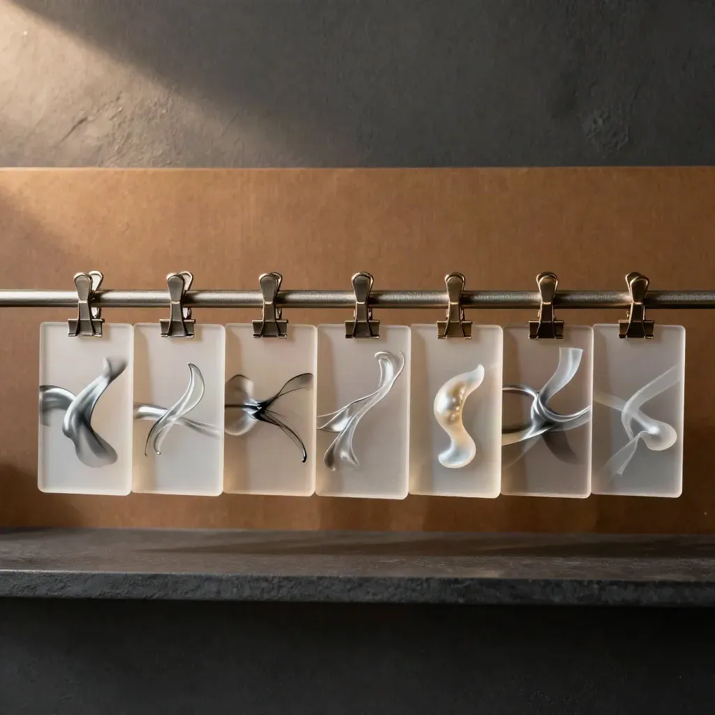 Twelve abstract motion tiles clipped to a rail above a dark shelf in a cinematic studio still life.