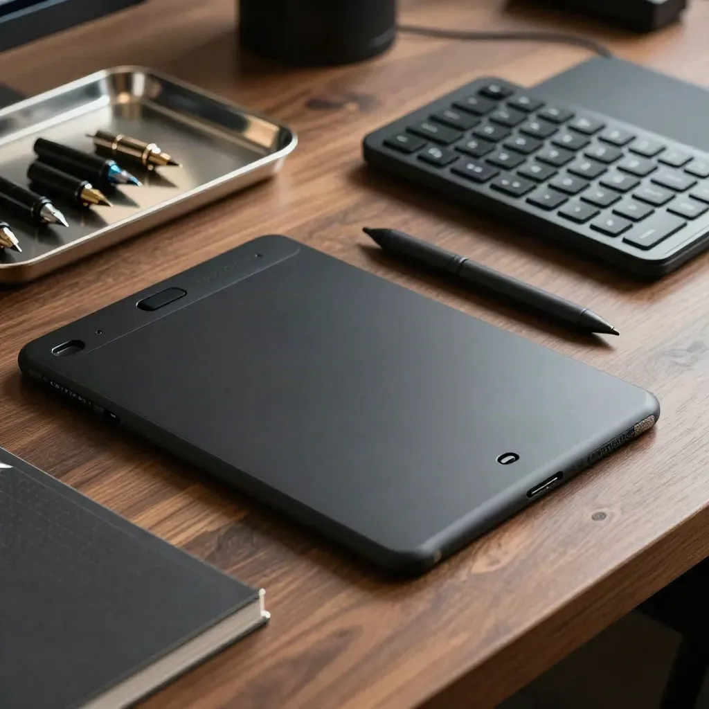Motion designer tools on a walnut workbench: tablet, stylus, keypad and spare nibs on metal tray.