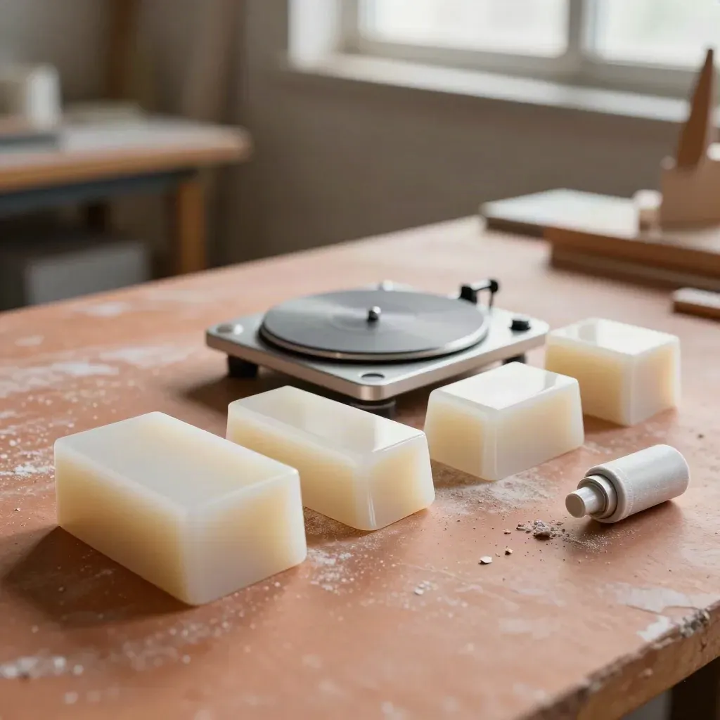 Resin prototypes, sanding blocks and a matte turntable on a terracotta workbench