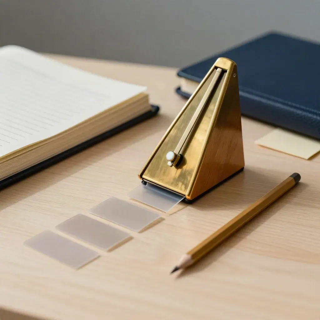Brass metronome, acetate timing strips, pencil and script binder on pale wood with soft side light.