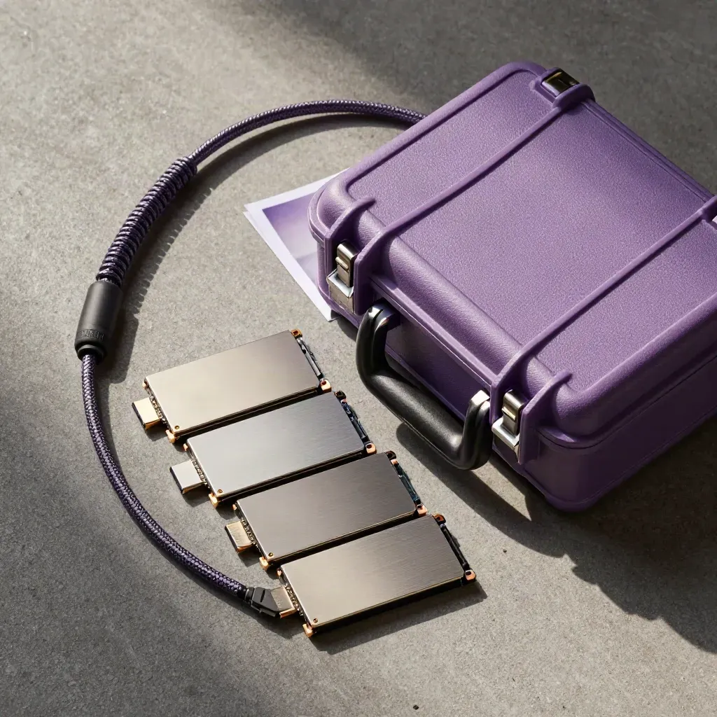 Latched export case with SSDs and braided cable on concrete, overhead.