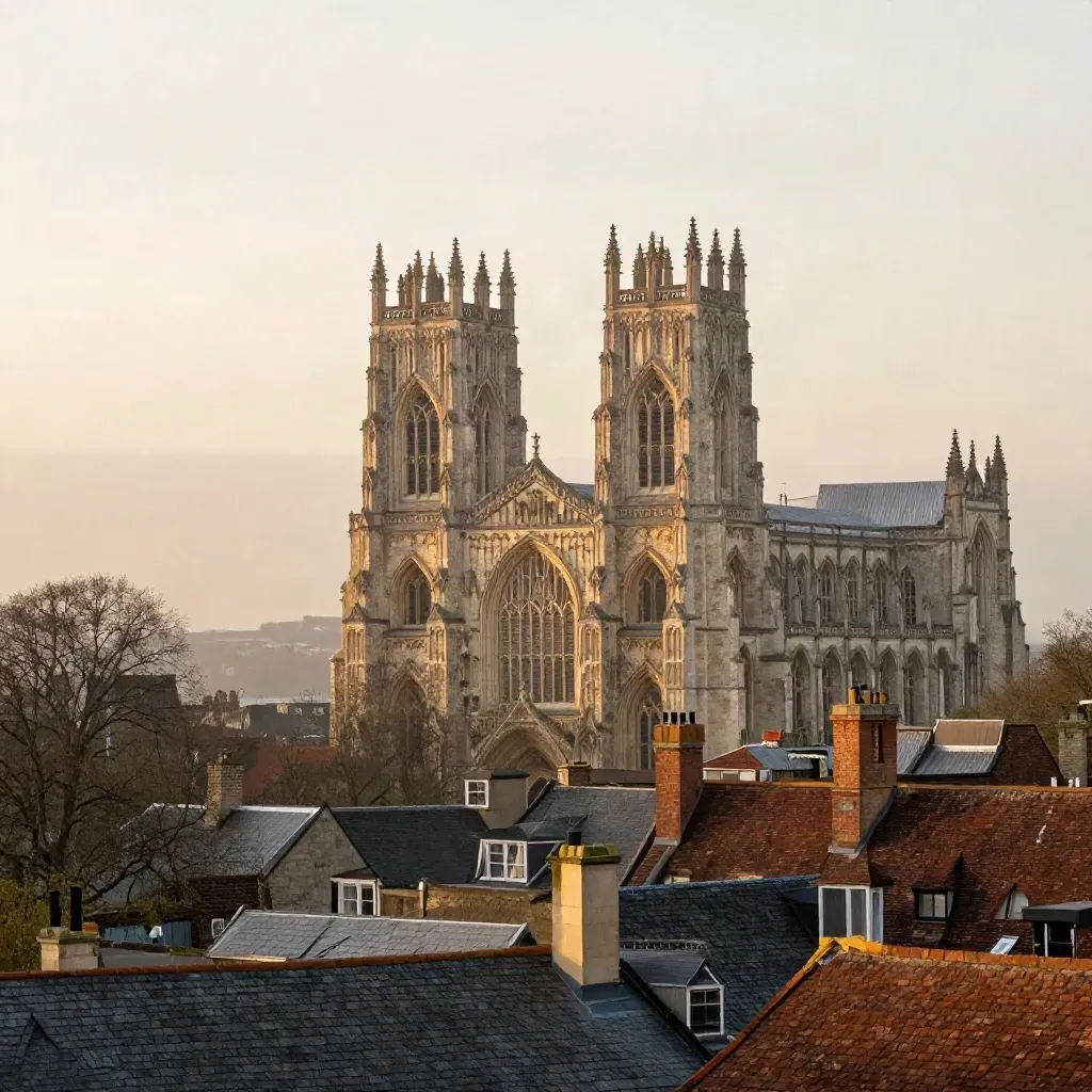 York Minster above misty York roofs at dawn, with calm stone space below.