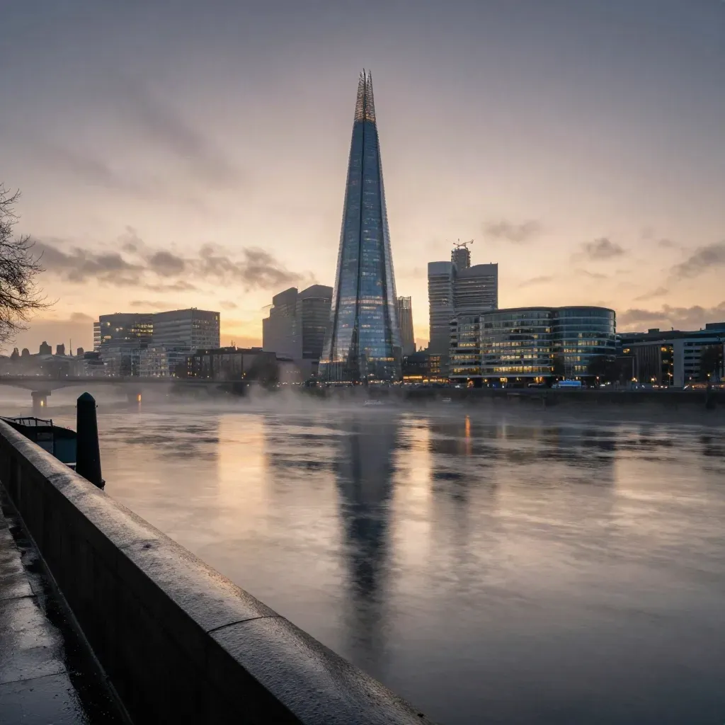 Thames embankment, Shard, and glowing City skyline above a misty river at dusk
